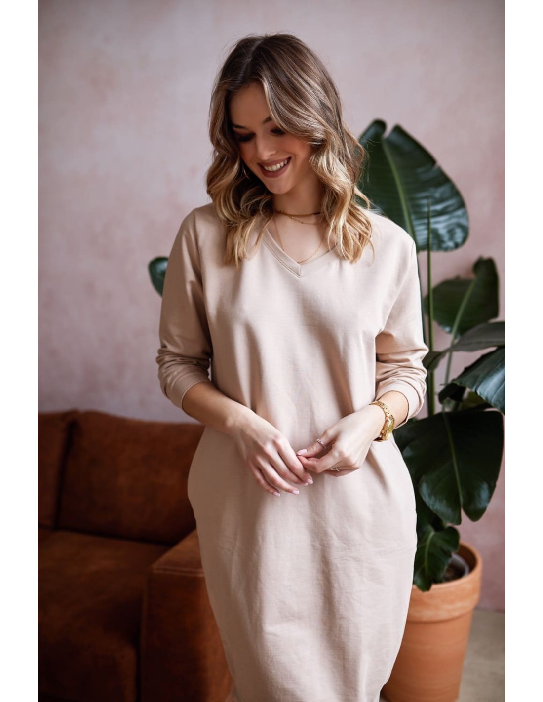 Smooth bauble dress with pockets, beige FI682 - Online store - Boutique